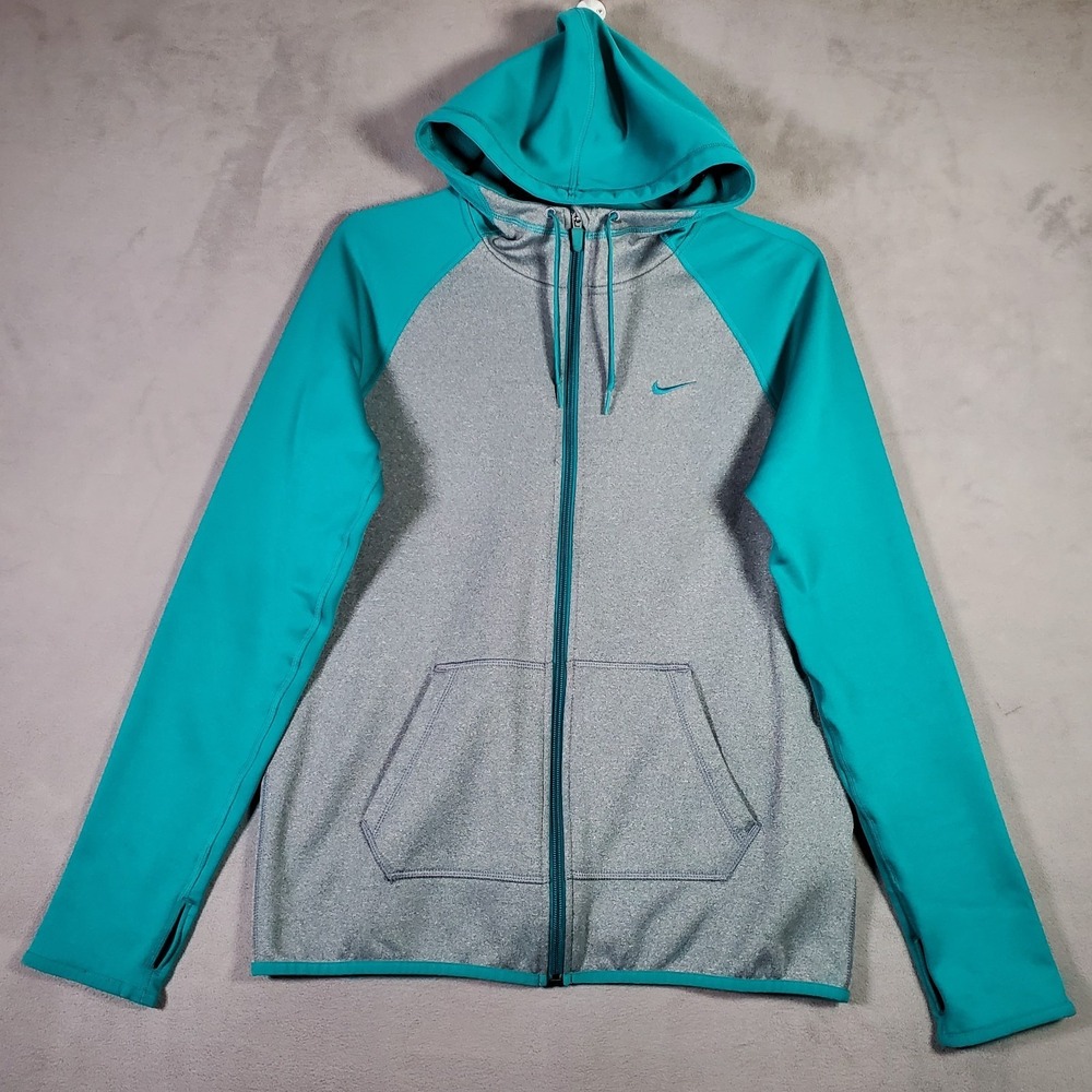 Nike Hoodie Womens S Gray Teal Colorblock All Time Full Zip Therma Fit Active